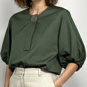 Puff Sleeve Zara Woman Green Poplin Blouse M Medium
